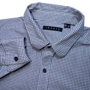 Theory Medium Zack PS Andesite Grey White Gingham Button Down preppy men's shirt